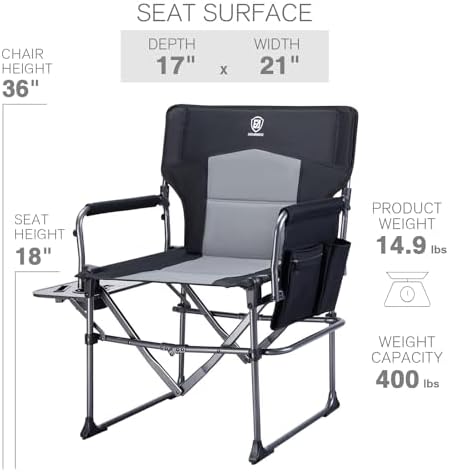 EVER ADVANCED Camping Directors' Chair with Side Table, Portable Folding with Compact Size, Heavy Duty Lawn Chair with Pocket for Camping, Lawn, Sports and Fishing, 400lbs, Black 2 Pack - Image 3