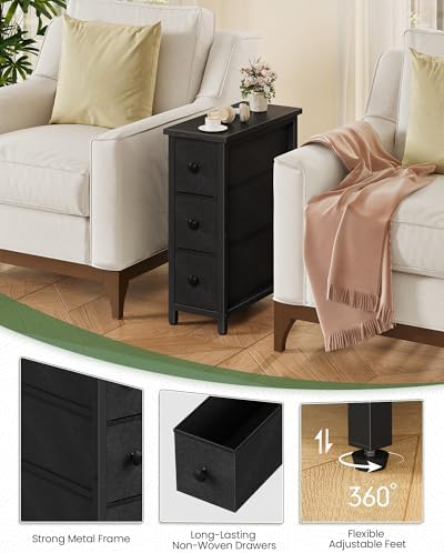 CHOEZON Narrow Side Table with 3 Fabric Drawers, Industrial Slim Bedside Table for Small Spaces, Bedroom, Living Room, Dormitory, Black TBZ09BB - Image 5