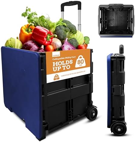 Inspired Living Collapsible Ultra-Slim Pack-N-Roll,2 Wheel Utility Cart w/Lid Used as Seat up to 250 Lbs, Telescopic Handle - Super Strong, for Home, Garden, Shopping, Office, School use, Large, Blue by Inspired+Living