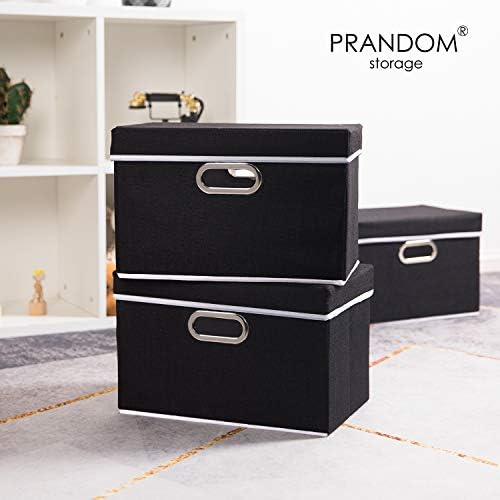 PRANDOM Foldable Storage Box with Lid [3-Pack] Fabric Collapsible Storage Bin Organizer Container Basket Cube with Cover for Home Bedroom Closet Office Nursery Black (14.9x9.8x9.8) - Image 2
