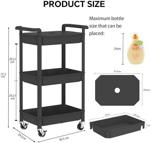 Steehoom 3-Tier Utility Rolling Cart with Cover Top Board, Mobile Utility Cart with Lockable Casters Multi-Functional Storage Trolley for Office, Bathroom, Kitchen, Garden, Laundry Room (Black) - Image 3