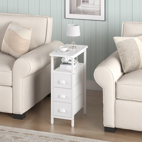 Sthmec End Table with Charging Station,Narrow Side Tables with USB Ports and Outlets,Skinny Bedside Tables with 3 Drawers,Small Tables Nightstands for Small Space,Slim Sofa Table for Livingroom, White - Image 2