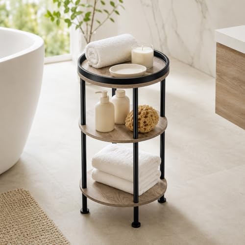 Small Round Side Table, Oak Round End Table for Living Room & Bedroom, Modern 3-Tier Nightstand with Storage Shelf, 11.8" Narrow Accent Table for Small Spaces, Nursery, Plant Stand,Natural Wood Finish - Image 6