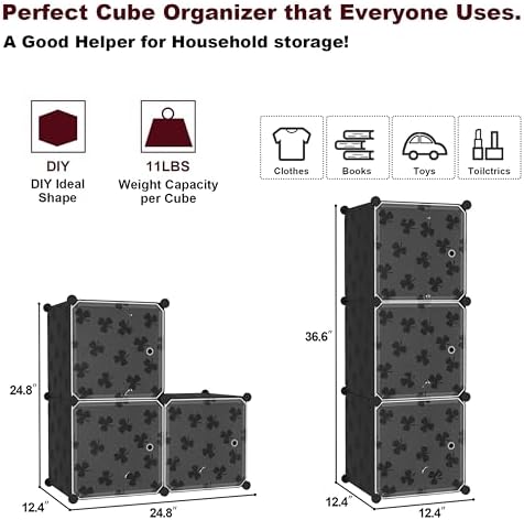 C&AHOME Clover Embossed Storage Organizer with Doors 3-Cube Shelf Black - Image 2