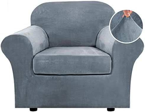 H.VERSAILTEX Rich Velvet Stretch 2 Piece Cover Chair Slipcover Sofa Cover Furniture Protector Couch Soft with Elastic Bottom Chair Couch Cover with Arms Width Up to 49 Inch(Chair, Stone Blue) by HVERSAILTEX