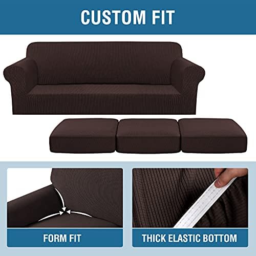 H.VERSAILTEX 4 Piece Stretch Sofa Covers for 3 Cushion Couch Covers for Living Room Furniture Slipcovers (Base Cover Plus 3 Seat Cushion Covers) Upgraded Thicker Jacquard Fabric (XL Sofa, Chocolate) - Image 4