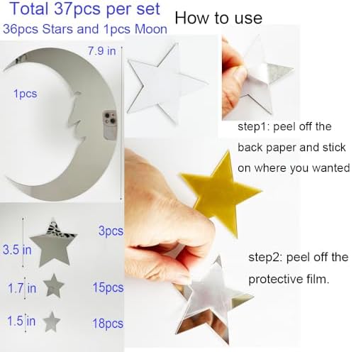 37pcs 3D Moon and Stars Silver Acrylic Wall Stickers with Adhesive Art Decal Satin Paper Baby Kids Bedroom Home DIY Decor Removable Stickers (Moon and Stars) - Image 3