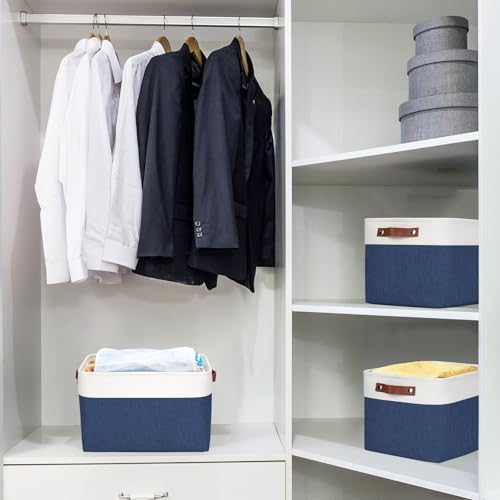 Bagnizer Storage Bins Large Fabric Storage Baskets for Shelves 3 Pack, Decorative Linen Closet Baskets with Handles for Organizing, Shelf, Clothes, Home, Office, 15x11x9.5Inches (NavyBlue&White) - Image 2