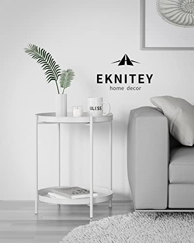 EKNITEY 2 Tier End Table - Metal Side Table with Removable Tray (White) - Image 5