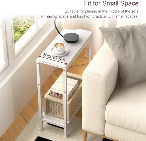 Narrow Side Table for Small Space, 2-Tier Slim End Table, Thin Nightstand, Skinny Snack Couch Table, Sofa Bedside Table, Tall Plant Stand in Living Room, Bedroom, Study, Kitchen and Balcony (White) - Image 5