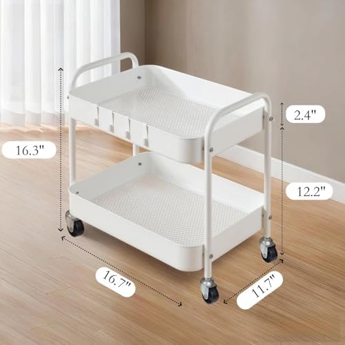 Under Desk Storage Cart 2 Tier Utility Rolling Cart with Wheels, Small Metal Mobile Trolley with Handle Two Tiered Utility Organizer Roller for Kitchen Office Bathroom Pantry Room, White - Image 2