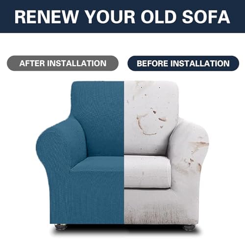 Cupuamon 2026 New Stretch Chair Sofa Slipcovers Couch Cover for 1 Seater Furniture Protector Sofa Covers with Elastic Bottom Jacquard Fabric Small Checks for Pets, Kids - Peacock Blue - Image 5