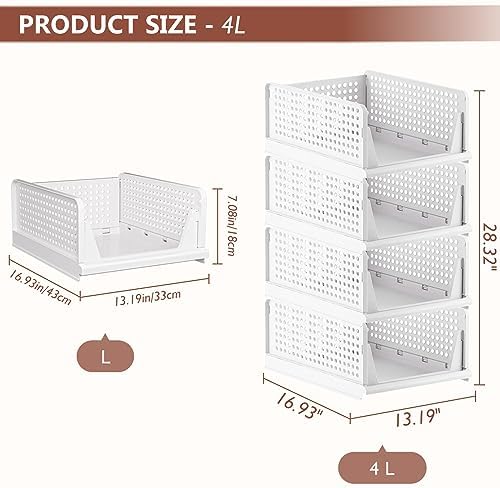 4 Pack Folding Closet Organizers Storage Box, Stackable Storage Bins, Plastic Drawer Basket Closet Storage for Wardrobe Cupboard Kitchen Bathroom Office White-4L - Image 3