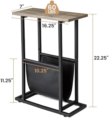 Acovy Narrow Side Table for Small Place,Metal Table with PU Leather Bag,Slim Nightstand for Reading Or Storage,Sofa Side Table for Living Room,Bedroom,Gery - Image 3