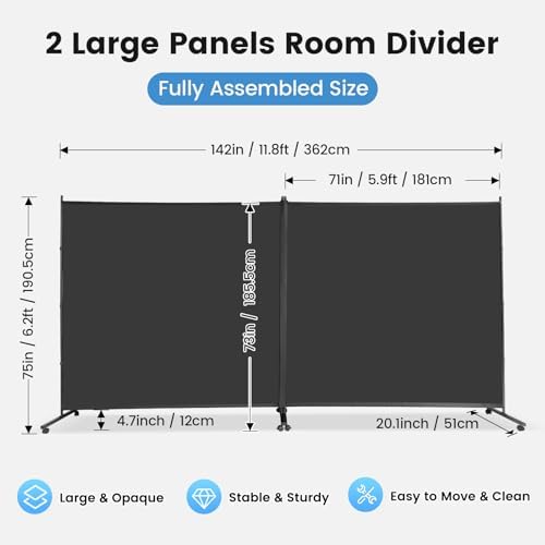 MAYOLIAH 2 Large Panels Room Divider on Lockable Wheels, 142" Wx75 Hx20”D - Image 3