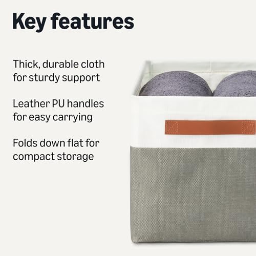 Amazon Basics Collapsible Storage Bins with Faux Leather Handles, Foldable Organizing Containers for Closet, Charcoal, Large, 3-Pack - Image 2