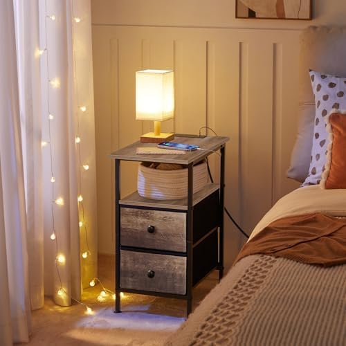 HOOBRO End Table with Charging Station, Narrow Side Table, Nightstand with 2 Non-Woven Drawers, Slim Sofa Side Table, for Small Spaces, Living Room, Bedroom, Greige and Black BG486UBZ01 - Image 2