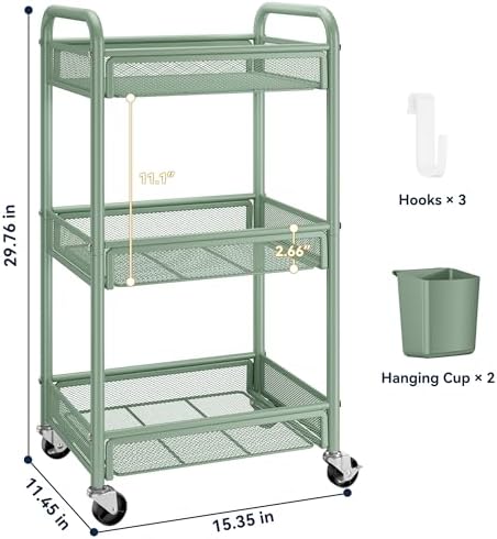 YASONIC 3 Tier Metal Rolling Cart, Green Utility Storage Cart with Wheels - Image 6