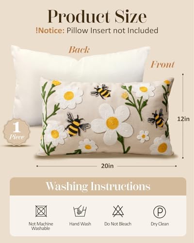 Embroidered Lumbar Pillow Cover 20x12 Inch, Flower Bee - Image 4