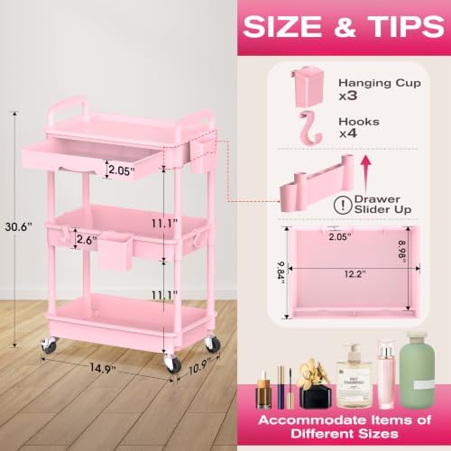 Goovilla Rolling Makeup Organizer Cart with Removable Drawer, 3 Tier Pink - Image 2