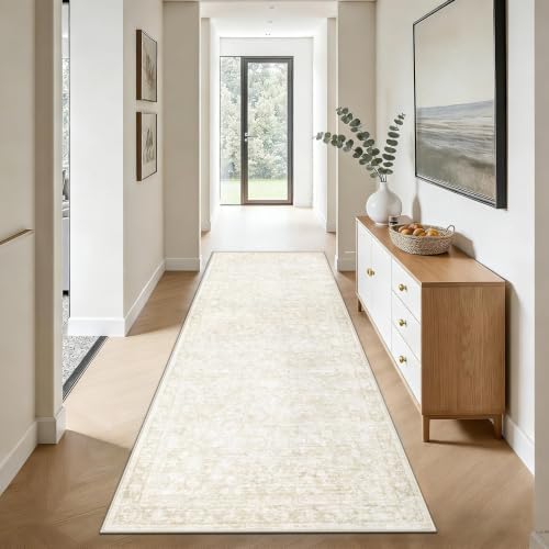2x8 Hallway Runner Rug: Washable Vintage Floral Entryway Rugs Low Pile Non-Slip Boho Carpet for Kitchen, Bedroom, Bathroom, Dining Room (Beige, 2'x8') by LOSBULAKE