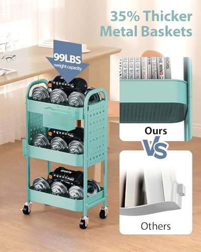 ALVOROG 3 Tier Metal Rolling Utility Cart with Pegboards,Baskets,Hooks,Blue - Image 4