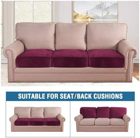 H.VERSAILTEX Velvet Stretch Couch Cushion Cover Plush Cushion Slipcover for Chair Loveseat Sofa Cushion Furniture Protector Seat Cushion Sofa Cover (3 Piece Sofa Cushion Covers, Burgundy) - Image 3