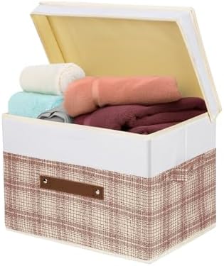 TYEERS Collapsible Storage Bins with Lids, Patchwork Design, Washable, Fabric Storage Boxes, 14.9x9.8x9.8 inches, 3 Pack, Camel Tan - Image 7