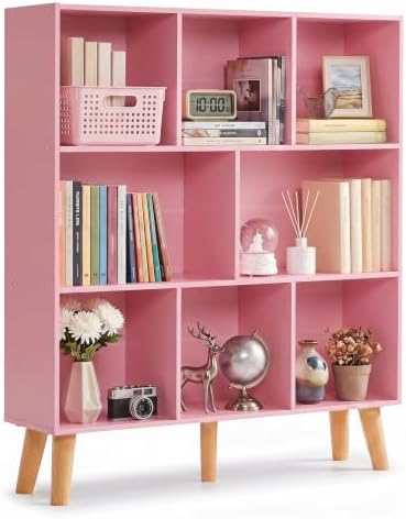 YAHARBO 8 Cube Bookshelf,3 Tier Bookcase with Legs,Light Pink Mid-Century Modern Bookshelves,Large Free Standing Open Storage Organizer Shelf,Tall Wooden Book Case Furniture for Bedroom,Living Room by YAHARBO