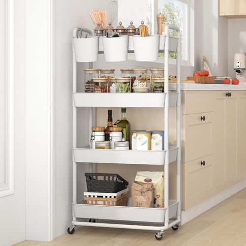 JIUYOTREE 4-Tier Plastic Rolling Storage Cart Utility Cart White - Image 6