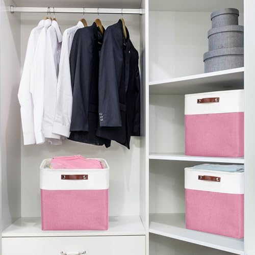 Bagnizer 13x13 Cube Storage Bins, Collapsible Fabric Storage Box, 4 Pack Closet Baskets with Handles for Organizing, Shelf, Toys, Clothes, Home, Office, Nursery (Pink&White) - Image 3