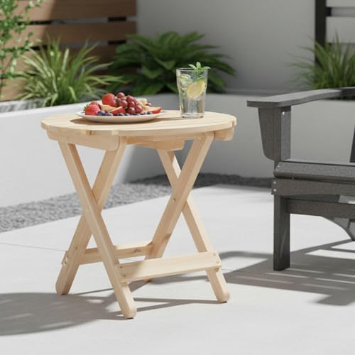 Shine Company Round Wooden Folding Solid Wood Side Table, Outdoor Adirondack Small Patio Table, Natural - Image 2