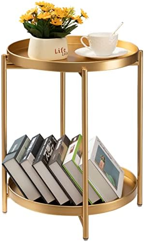 TeoKJ 2 Tier Round Side Table, Folding Metal Small Bedside Nightstand for with Two Removable Tray for Bedroom Living Room Bedside Small Spaces Gold X2 by TeoKJ