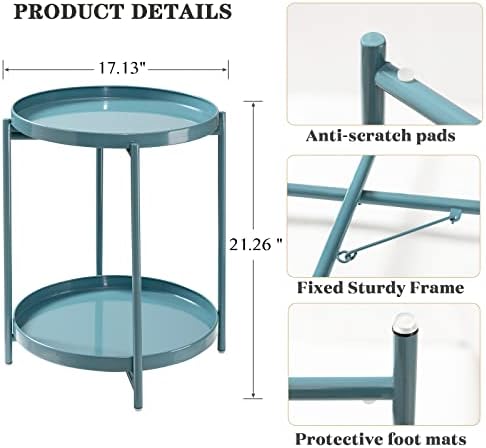 TeoKJ 2 Tier Round Side Table, Folding Round Metal End Table Small Nightstand with Two Removable Tray for Bedroom Living Room Bedside Small Spaces Blue Gray - Image 3