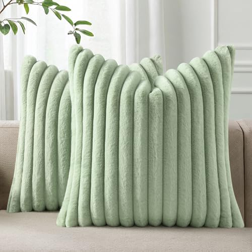 Pallene Faux Fur Decorative Throw Pillow Covers 20x20 Set of 2, Sage Green by PALLENE