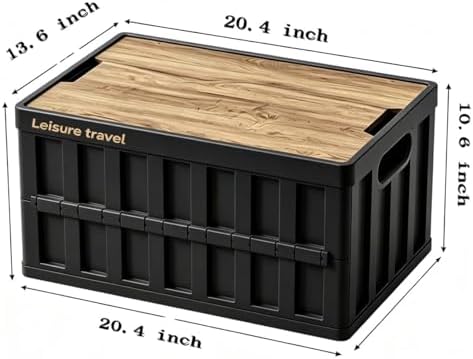 2 Pack 50L Black Storage Crate Wooden Lid Foldable Stackable Bin for Garage RV Car Camping - Image 2