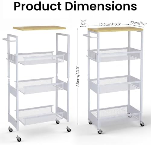 Rolling Utility Cart, 4 Tier 11.8" Wide Metal Storage Cart with Handle and Wood Top, Multifunctional Mobile Shelf Unit Organizer Trolley for Laundry, Bathroom, Kitchen - Image 7