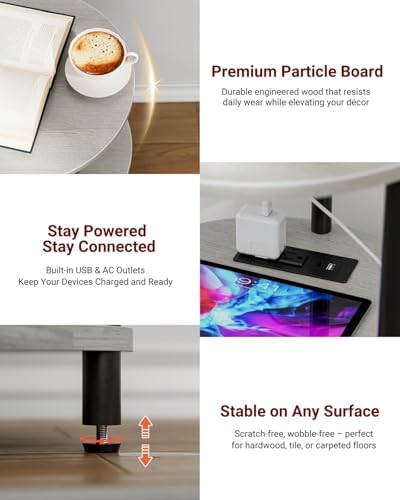 XBurmo Small Round End Table - 3 Tier Design Accent Table, Narrow Side or Bedside Stand, Industrial Vintage Table for Small Spaces, Built-in USB Ports and Power Outlet, Greige - Image 3