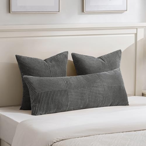 Fancy Homi 2 Packs Dark Gray Big Decorative Throw Pillow Covers 24x24 Inch for Couch Bed Sofa, Rustic Farmhouse Boho Home Decor, Soft Corss Corduroy Patchwork Accent Square Cushion Case 60x60 cm - Image 5