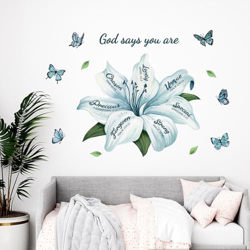 Yovkky Lily Flower Religious Inspirational Quote Wall Decals Stickers | Motivational God Says You are Teal Floral Butterfly Home Bedroom Decor, Positive Living Room Kitchen Decorations Art - Image 5