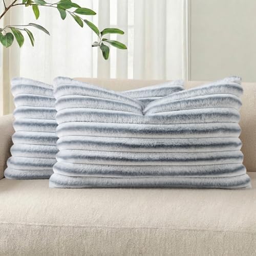 Pallene Faux Fur Decorative Throw Pillow Covers 12x20 Set of 2, Ombre Grey by PALLENE