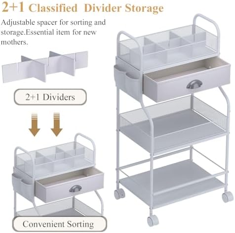 Baby Diaper Caddy Cart Organizer -3 Tier, Bedside Nursery Essentials Organizer & Storage Holder for Newborn Baby Stuff, 2+1 Dividers, 1 Drawer,Rolling Utility Cart for Bedroom,Changing Table, Crib. - Image 3