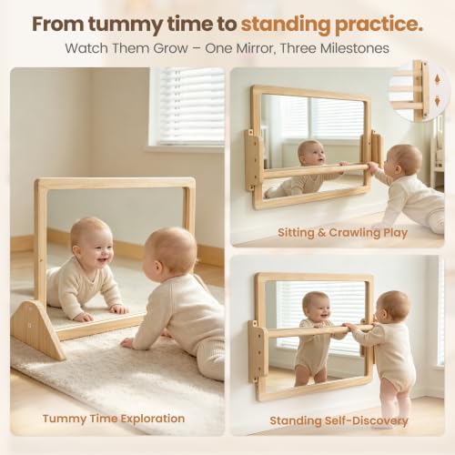 Montessori Mirror with Pull Up Bar, 23.6 x 15.7 in Natural Wood Frame & Shatter-Resistant Acrylic Baby Mirror for Floor and Wall, Tummy Time and Pull-to-Stand Practice - Image 3