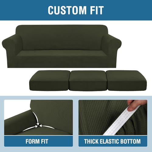 H.VERSAILTEX 4 Piece Stretch Sofa Covers for 3 Cushion Couch Furniture Slipcovers for Living Room (1 Base Cover Plus 3 Seat Cushion Covers) Jacquard Fabric Cover (XL Sofa, Olive) - Image 4