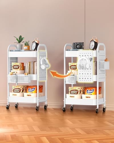 ALVOROG 3 Tier Metal Rolling Utility Cart with Pegboards,Baskets,Hook,White - Image 6