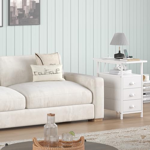 sthmec End Table with Charging Station, Side Tables Livingroom with USB Ports and Outlets,Narrow Nightstands Bedside Tables with 3 Drawers PU Finish for Small Space,Slim Sofa Table Bedroom,White - Image 7