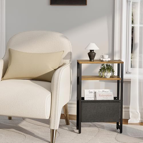 Narrow Side Table, Slim End Table with Magazine Rack, Skinny Bedside Table for Small Spaces, 3 Tier Sofa Couch Table Nightstand for Living Room, Bedroom, Walnut Brown LET503BR - Image 6