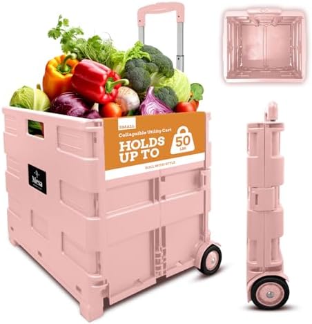 Inspired Living Ultra-Slim Rolling Collapsible Storage Pack-N-Roll Utility-carts, with Telescopic Handle, for Home, Garden, Shopping, Office, School use, Medium, Raspberry Pink by Inspired+Living