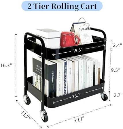2 Tier Short Rolling Cart with Wheels for Under Desk Storage & Panrty Floor Organizer, Large Capacity Metal Kitchen Utility Cart, Sturdy Makeup Organizer for Small Space with 4 Hooks, Black - Image 6