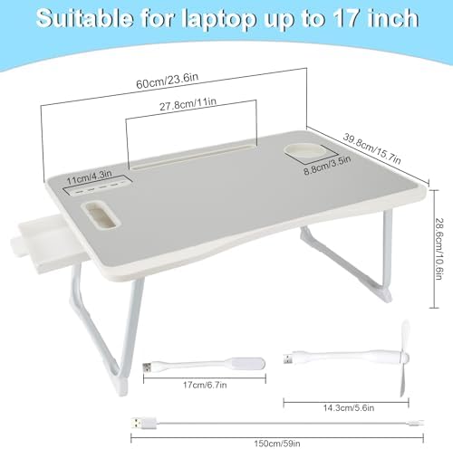 Laptop Bed Table, Laptop Desk for Bed, Foldable Laptop Bed Desk with USB Charge Port, Handle, Desktop Card Slot, Cup Slot, Side Drawer, Portable Laptop Table for Bed Eating Reading Working - Image 2
